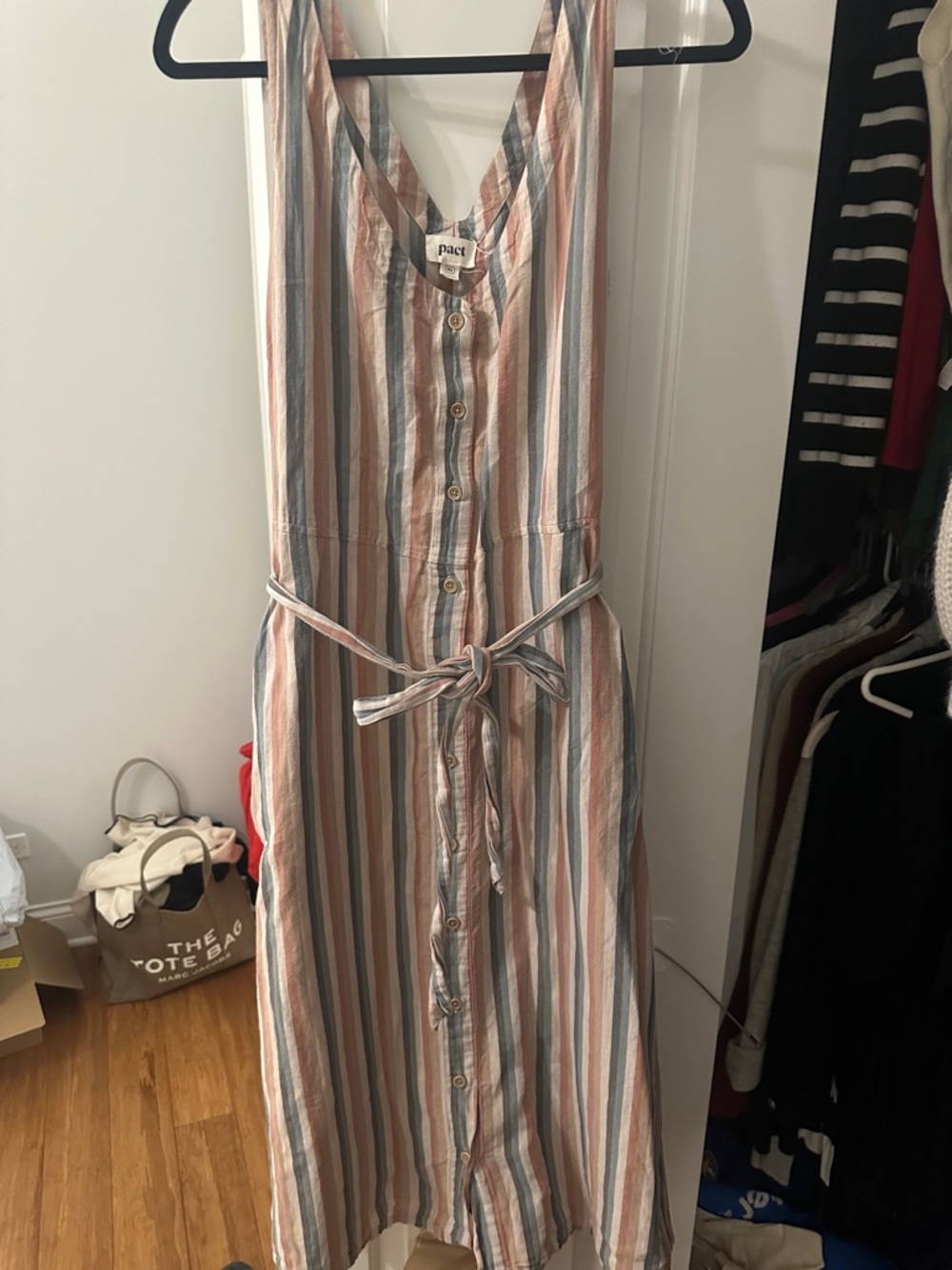 Pact Striped Button-Front Midi Dress in Pink, Blue, Cream